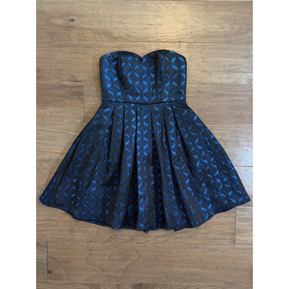 Sequin Hearts Blue Black Metallic Jacquard Strapless‎ Sweetheart Party Dress 3